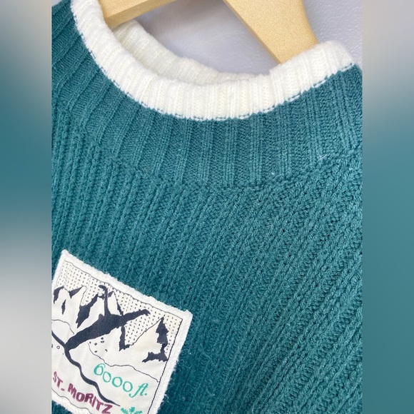 Vintage Men’s Sweater Club International Green White XL Patch Ski Crew Neck Y2K - Picture 4 of 7